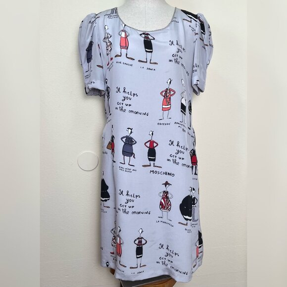 MOSCHINO 100% Silk Gray Cartoon Print Short Sleeve Shift Dress Size 4 - Picture 1 of 12